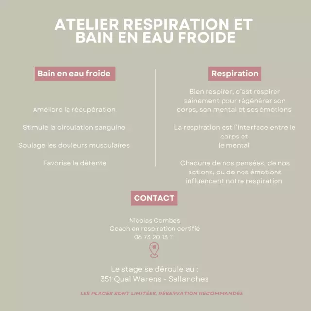 Soirée respiration & méditation holotropique suivie d'un bain en plein Lune

Plongez au cœur de vous-même lors d’une soirée exceptionnelle sous la pleine lune !

Rejoignez nous pour une expérience transformative : une session de respiration et méditation holotropique, suivie d’un bain en eau froide au clair de lune.

Pourquoi participer ?

• Libération émotionnelle : Explorez et relâchez vos blocages grâce à la respiration consciente.

• Connexion profonde : Plongez dans un état méditatif guidé par la lumière bienveillante de la pleine lune.

• Renouveau et vitalité : Terminez avec un bain revitalisant en eau froide, un rituel pour renforcer votre esprit et votre corps.

Quand : le 11 janvier 2025

Où : Sallanches Haute Savoie

Durée : 2h

Réservez votre place dès maintenant !

Places limitées pour garantir une expérience intime et authentique.

Laissez la magie de la pleine lune vous guider vers une soirée de transformation et d’éveil.

Vous êtes prêt(e) à plonger ?